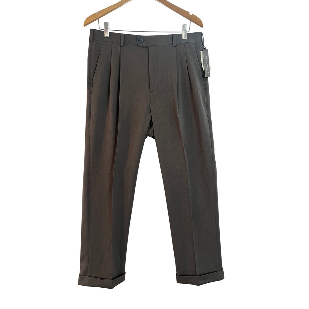 NWT Perry Ellis Portfolio Travel Luxe Mens 33x30 Gray Pleated Cuffed Dress Pants